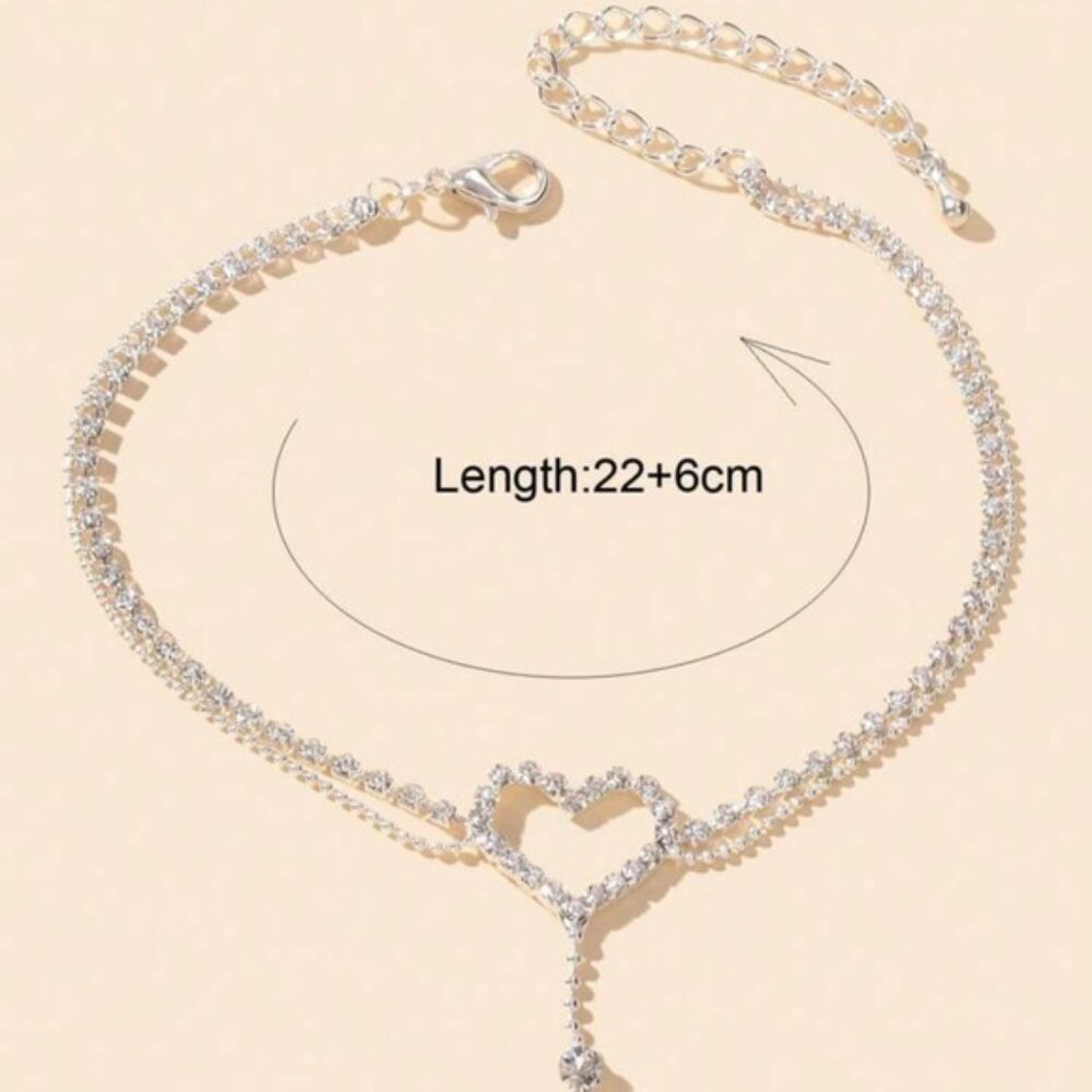 1pc Luxurious Heart Decor Double Layered Adjustable Rhinestone Anklet Women - Picture 2 of 3